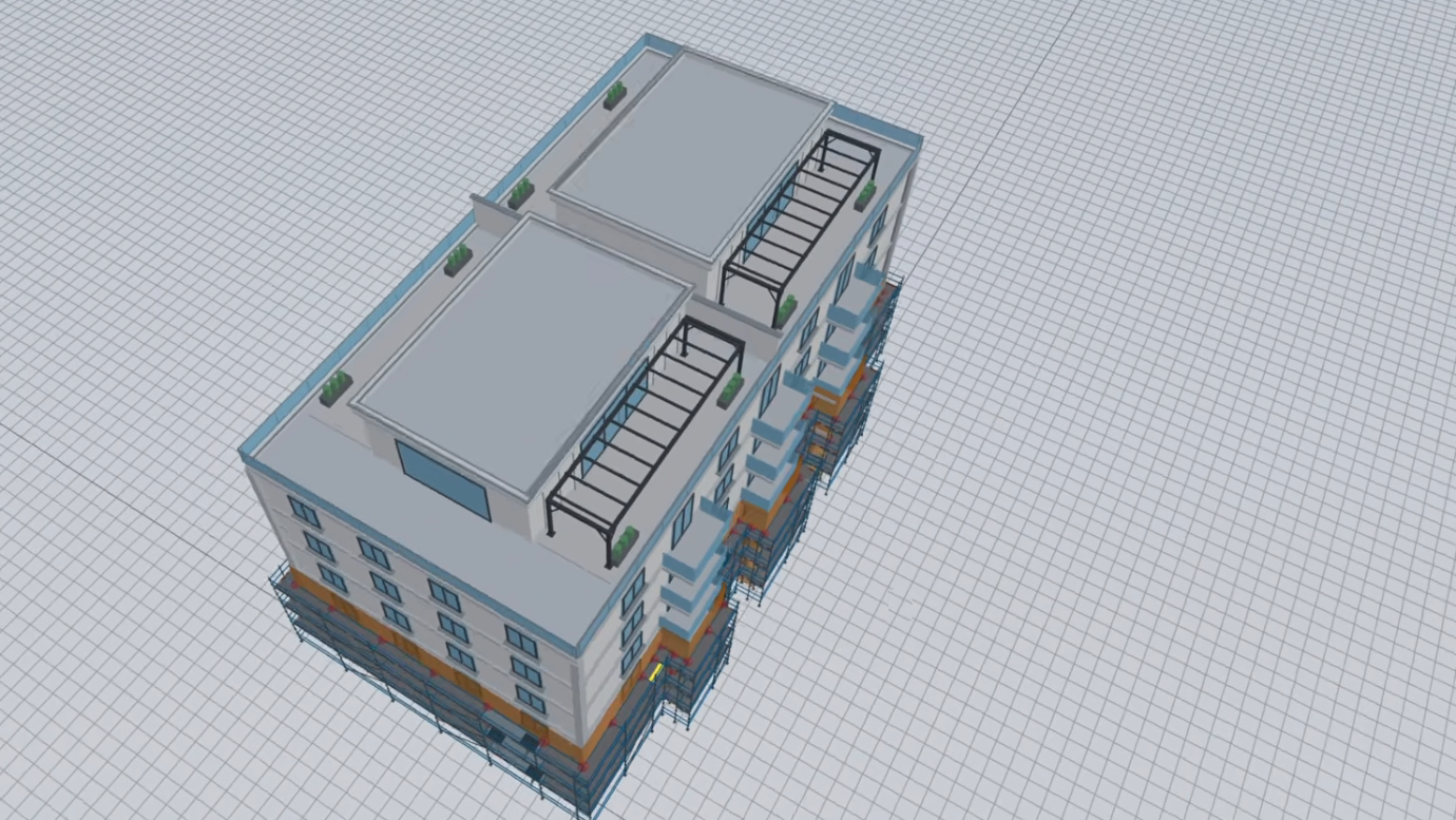Andamio en 3D alrededor de un edificio BIM, diseñado con la aplicación