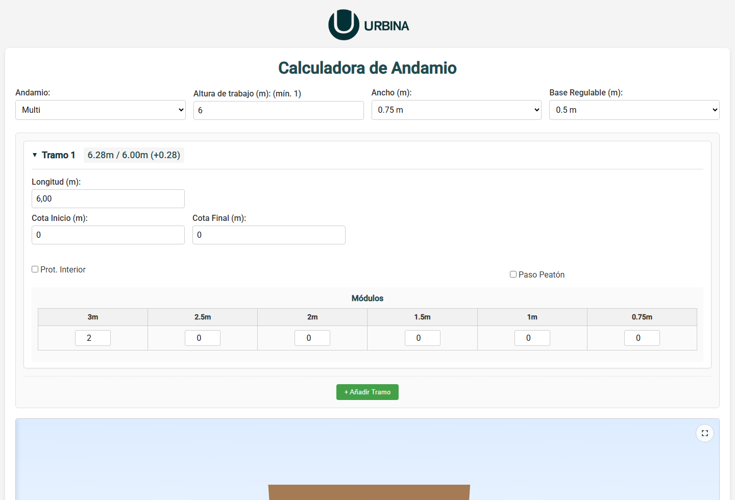Interfaz real de la calculadora de andamios con configuracion de tramos y visor 3D