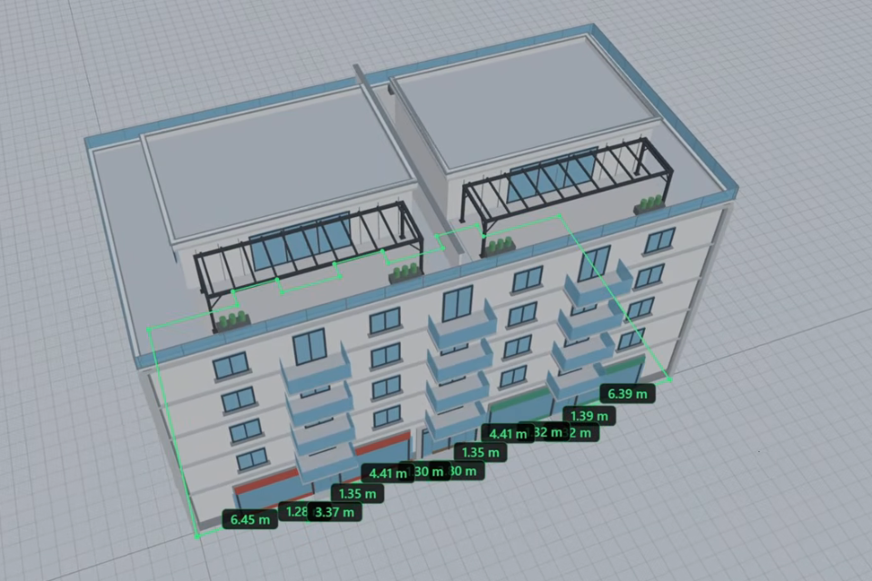 Planta de un edificio BIM proyectada en tramos de andamio con sus medidas